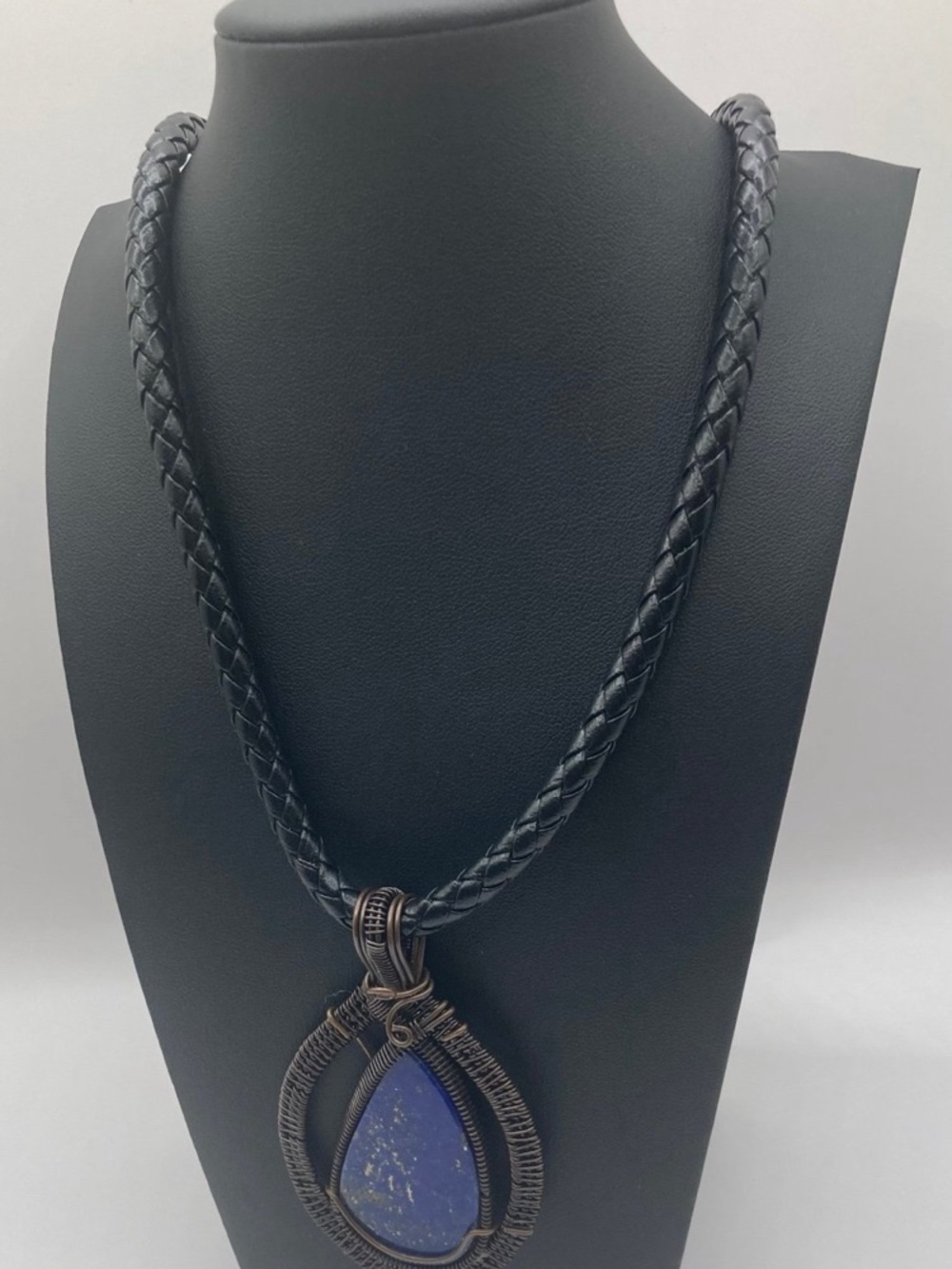 Handcrafted Lapis Lazuli Gemstone Leather Braided Black Cord Necklace.